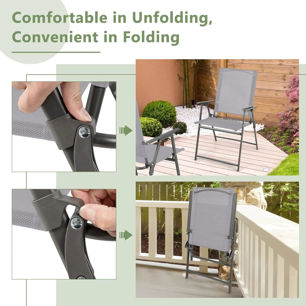 Set di 4 sedie da giardino pieghevoli, con schienale alto e bracciolo, in metallo e tessuto, portata fino a 150 kg, colore: grigio