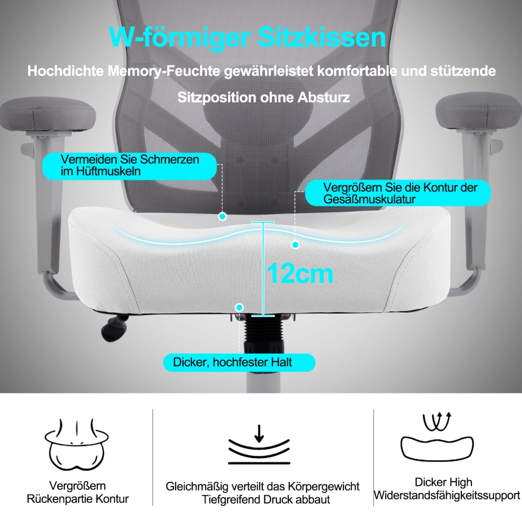 Sedia da ufficio ergonomica con supporto lombare regolabile; braccioli 2D; grigio