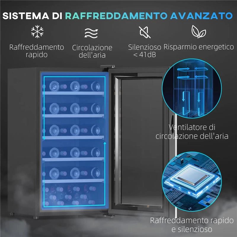 CANTINETTA VINO FRIGO PER 41 BOTTIGLIE CAPACITÀ 91L CONTROLLO TEMPERATURA E RIPIANI IN LEGNO NERO