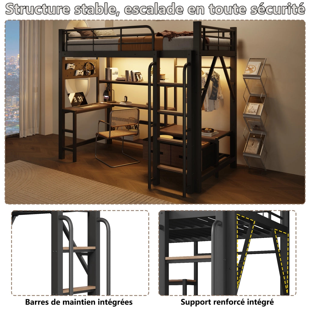 Letto a soppalco in metallo 90x200 cm con scrivania; vani; USB; barra appendiabiti; LED e parapetto; nero