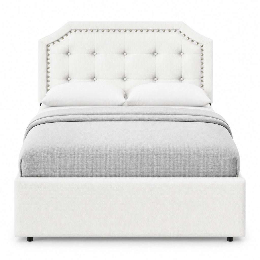 Letto imbottito 90 x 200 cm in MDF e lino, beige chiaro, con due cassetti