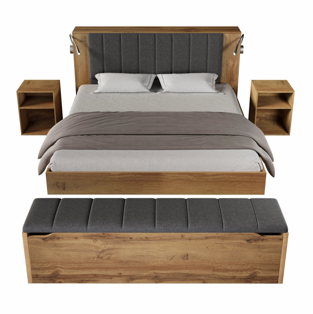 Letto matrimoniale 160x200 cm in legno effetto rovere con testiera reclinabile; luci LED USB; comodini; panca contenitore e materasso