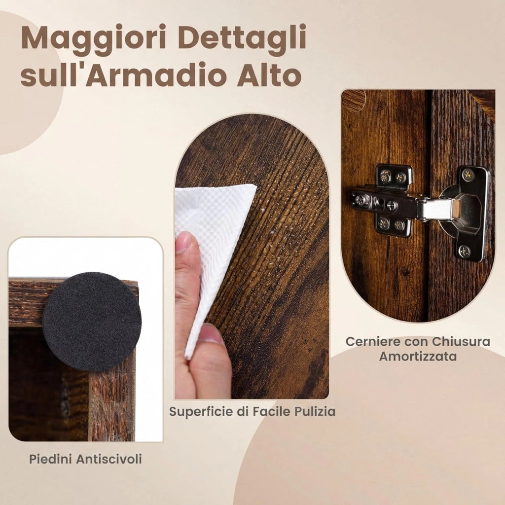 Mobile da Bagno Salvaspazio, Mobile da Terra con 4 Ante, 1 Cassetto, Vano Aperto e Ripiani Regolabili, Credenza Dispensa Cucina in Lgeno per Soggiorno e Ingresso, 60 x 35 x 171,5 cm (Marrone)