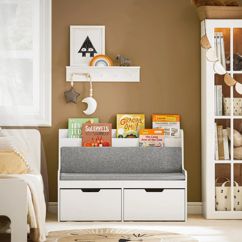 Panca per Bambini con Ruote Libreria con Scatola Portaoggetti Panca per Scarpe con Cuscino Sedile Bianco 100x45x70cm KMB66-W