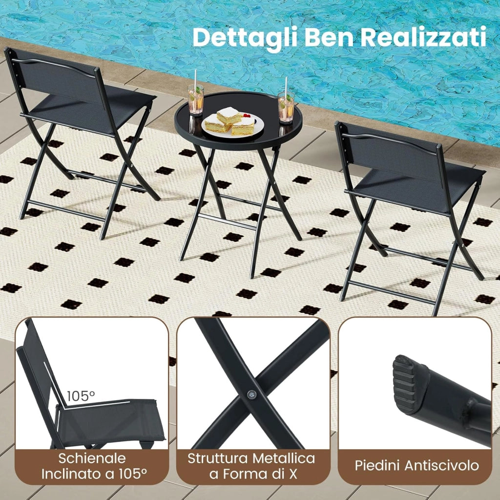 Set Tavolino e Sedie da Giardino Pieghevole, Set Bistro 3 Pezzi, Tavolino con Piano in Vetro Temperato e Metallo, Sedie con Tessuto Textilene Impermeabile, per Balcone, Patio, Piscina