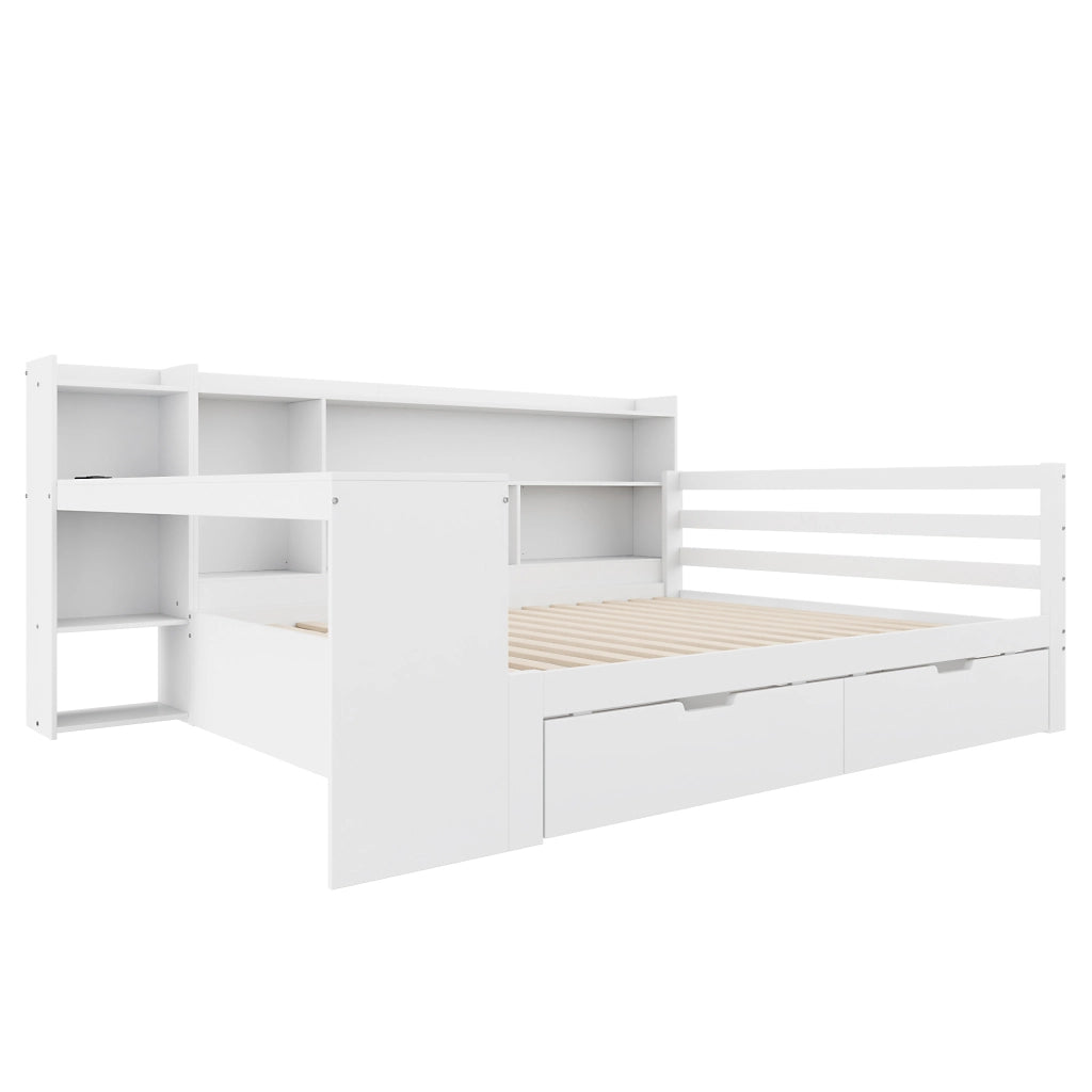 Letto a Divanetto 140x200 cm; Letto Matrimoniale con Scrivania; Mensole; USB e Cassetti; in Legno; Bianco