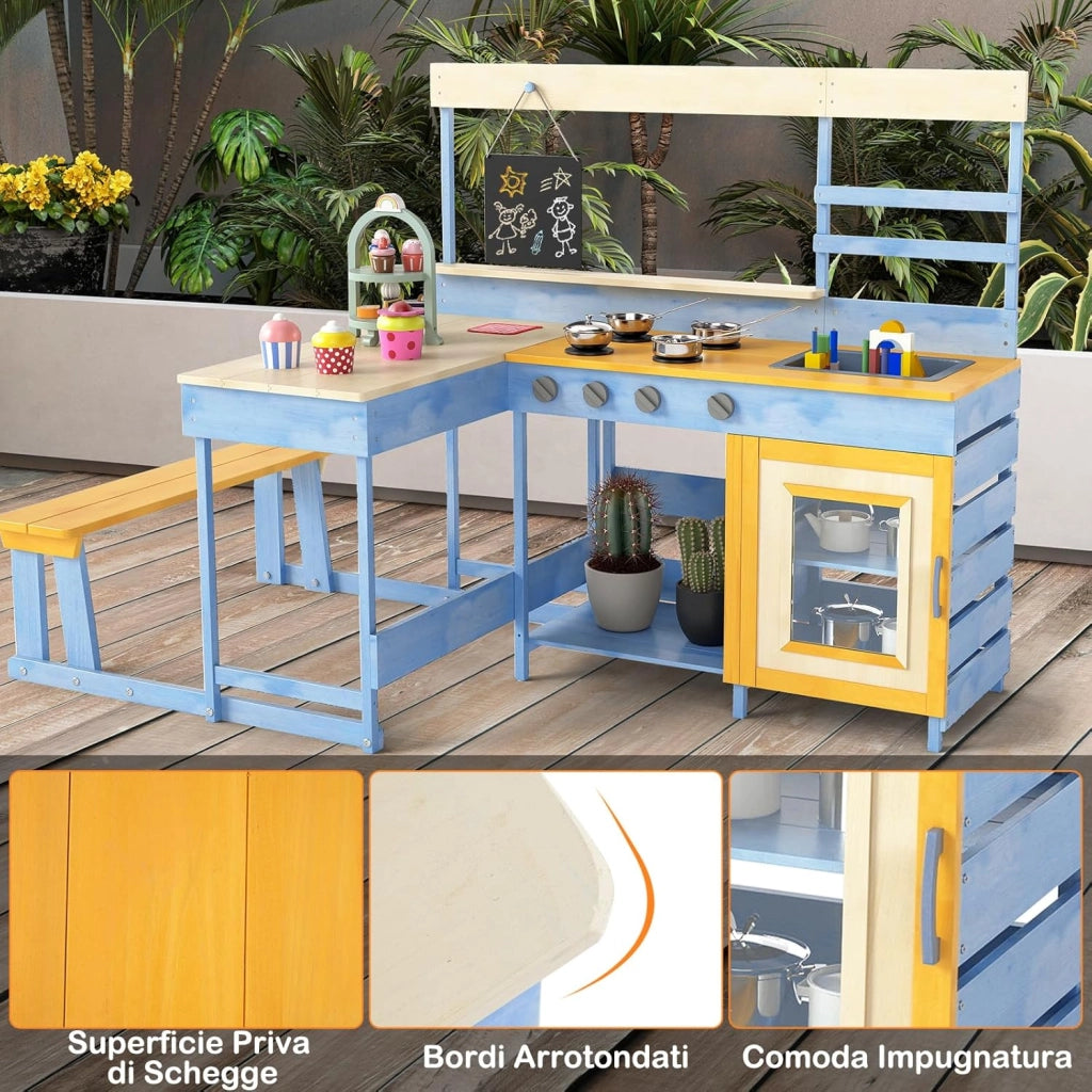 Cucina Giocattolo per Giardino con Tavolo e Panchina da Picnic, Cucina per Bambini in Legno di Abete con Fornelli, Lavandino, Lavagna e Forno, con 17 Accessori, 150 x 71 x 98 cm (Blu)