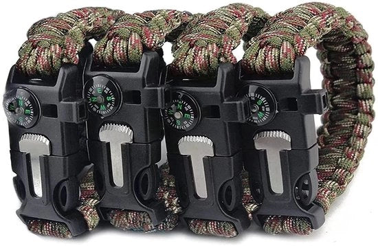 Cinturino di Emergenza - 4 x Corda Paracord - Camouflage Verde - 3,1 Metro - 240 kg di Resistenza - Adatto per Attività All'Aperto - Cinturino di Survival