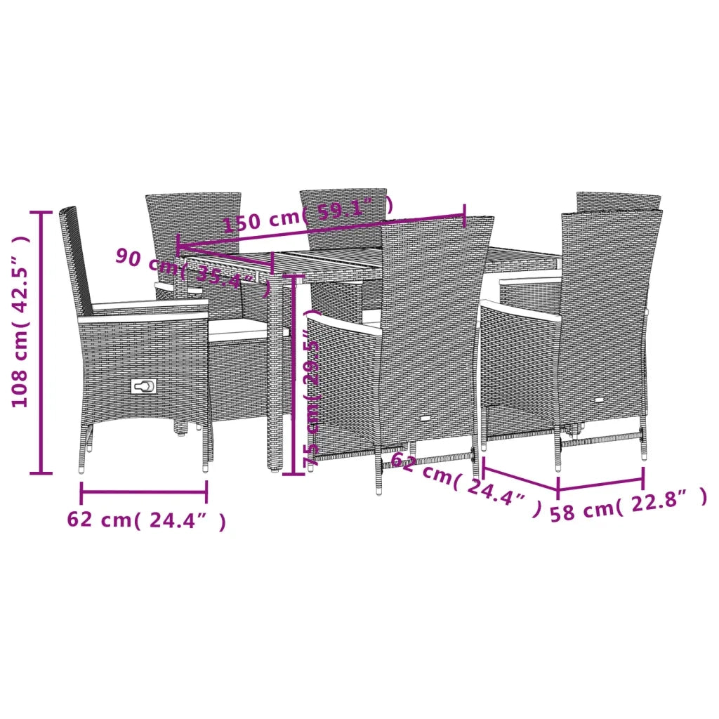 Set da Pranzo da Giardino 7 pz Nero con Cuscini in Polyrattan