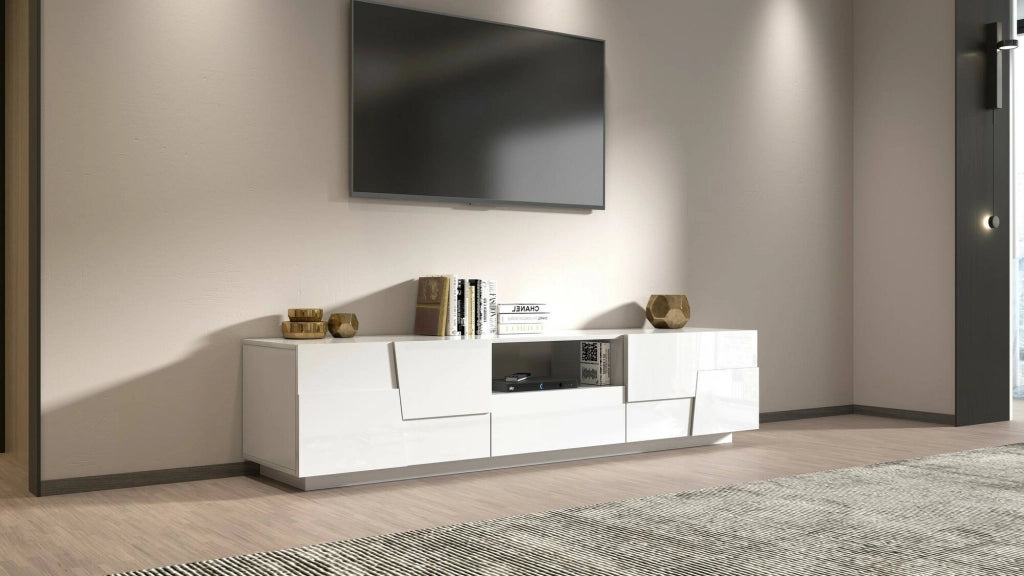 Mobile porta TV Maestrale, Credenza bassa da soggiorno con 4 ante e 1 cassetto, Base porta TV, 220x44h46 cm, Bianco lucido