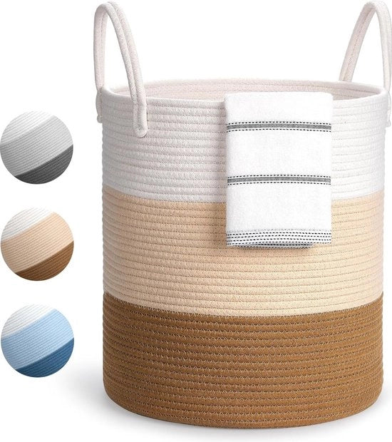Cesta per la Lavanderia Grande, Cesta per la Lavanderia Pieghevole, Organizzatore di Cestelli con Maniglia, Cesta per la Lavanderia con Corda di Cotone per Bagno, Salotto, Camera, Bianco Crema + Giallo chiaro