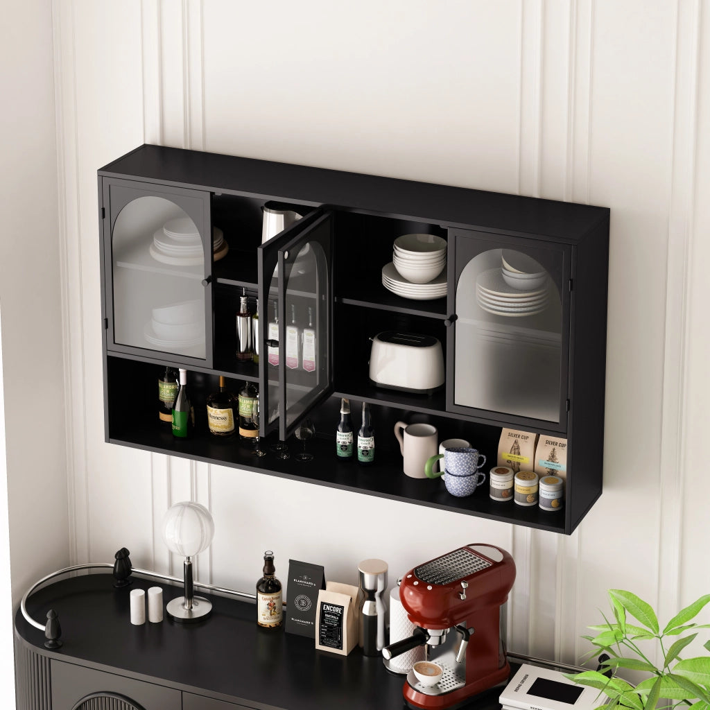Mobile pensile con 4 ante in vetro e metallo per cucina e soggiorno nero 120 × 23 × 70 cm