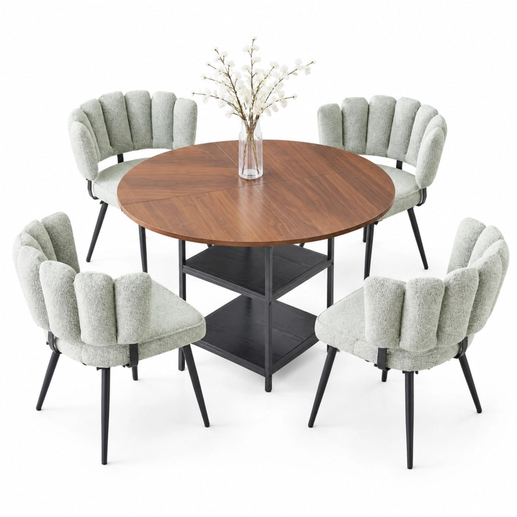 Set tavolo e sedie da pranzo 107 cm effetto noce, 4 sedie bouclé