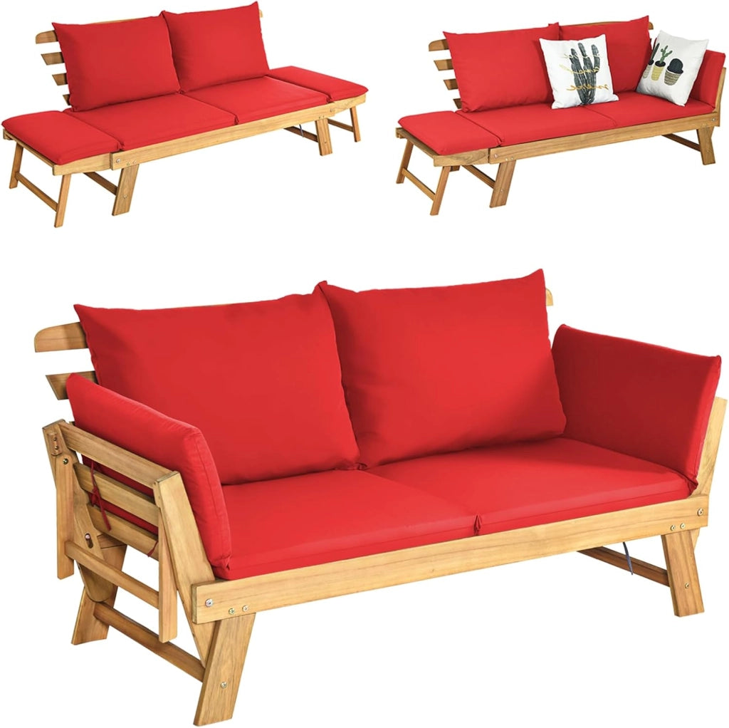 Divano Esterno Giardino 2 Posti, 2 in 1 con Cuscino Morbido, Divanetto da Esterno in Legno di Acacia con Braccioli Regolabili, Sdraio per Terrazza e Cortile, 198/157 x 75 x 75 cm (Bianco)