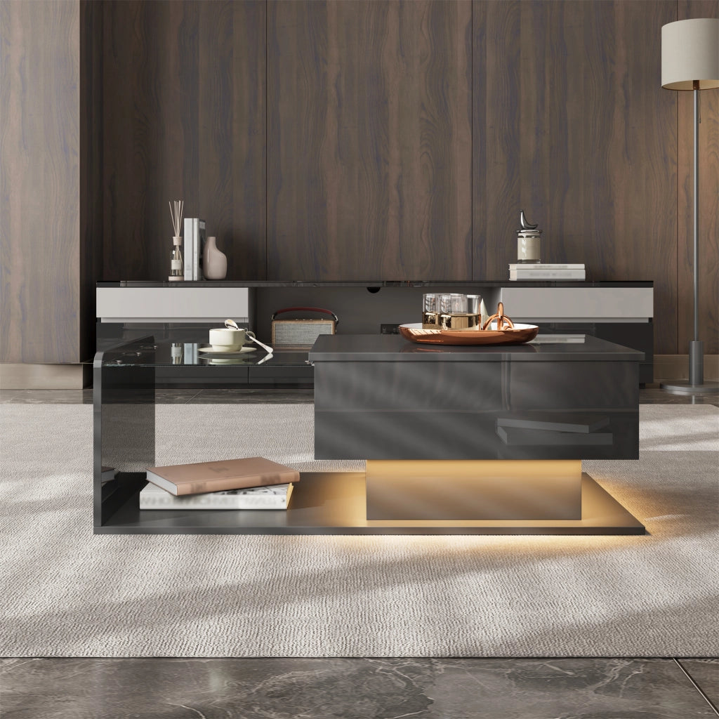 TAVOLINO DA SALOTTO ALZABILE 100x50x33/47,5 cm NERO LUCIDO CON LED