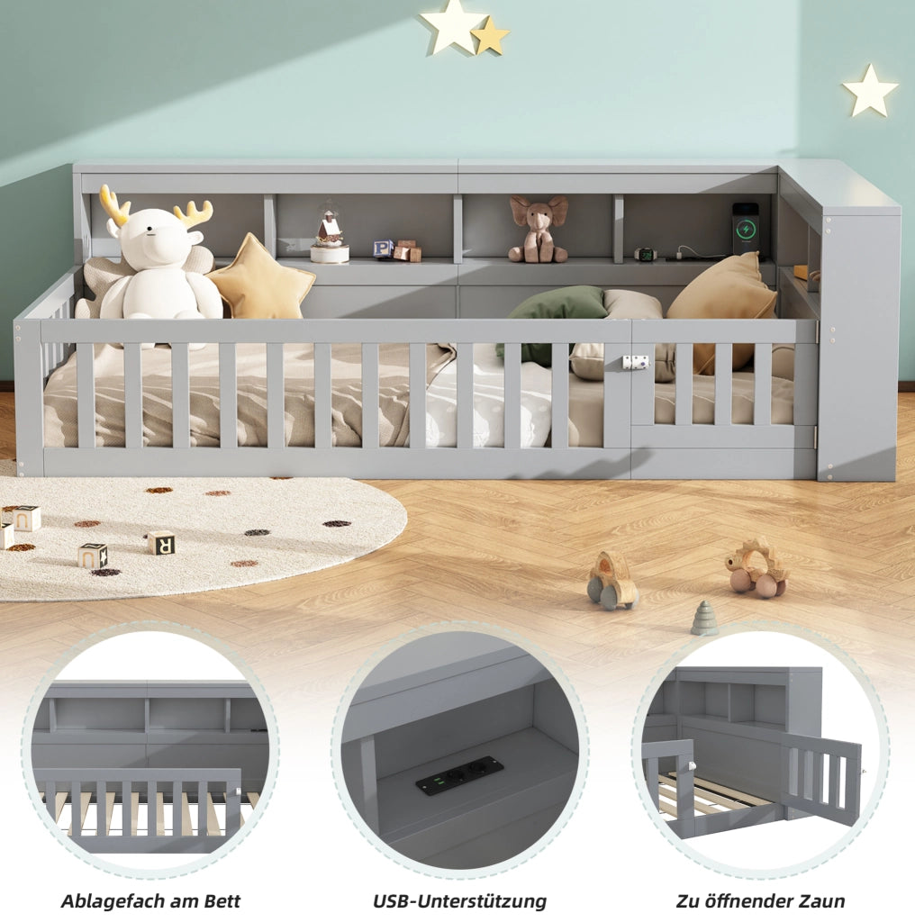 Letto singolo 90x200 cm con USB, presa e vano contenitore grigio