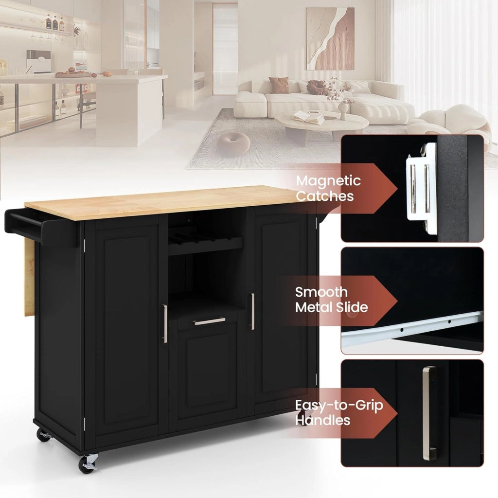 Isola centrale mobile con piano di lavoro in legno di albero della gomma, carrello da cucina con cassetto, porta bottiglia e 2 armadio con porta, carrello su ruote, 130 x 45 x 90 cm (nero)