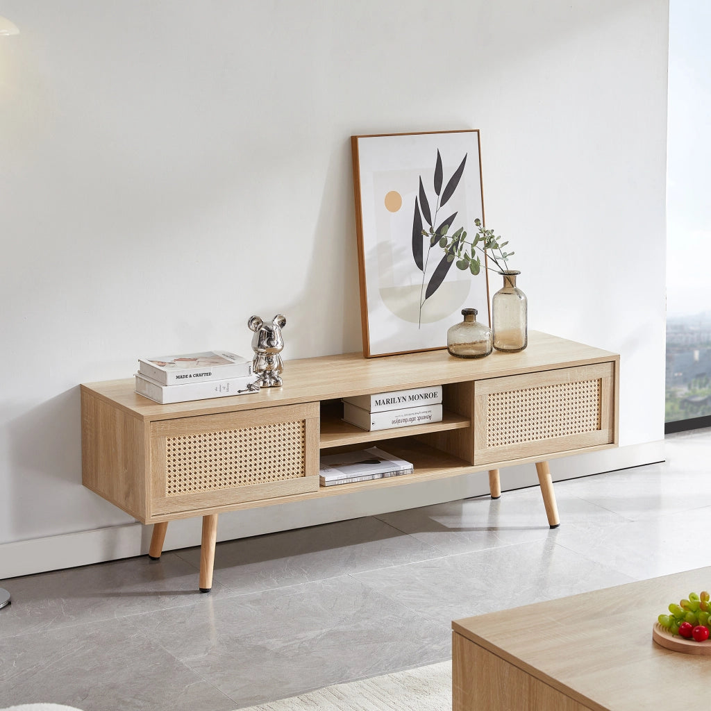 Mobile porta TV in rattan con 2 ante scorrevoli e 3 ripiani, per soggiorno, in MDF, naturale, 140 × 40 × 45 cm
