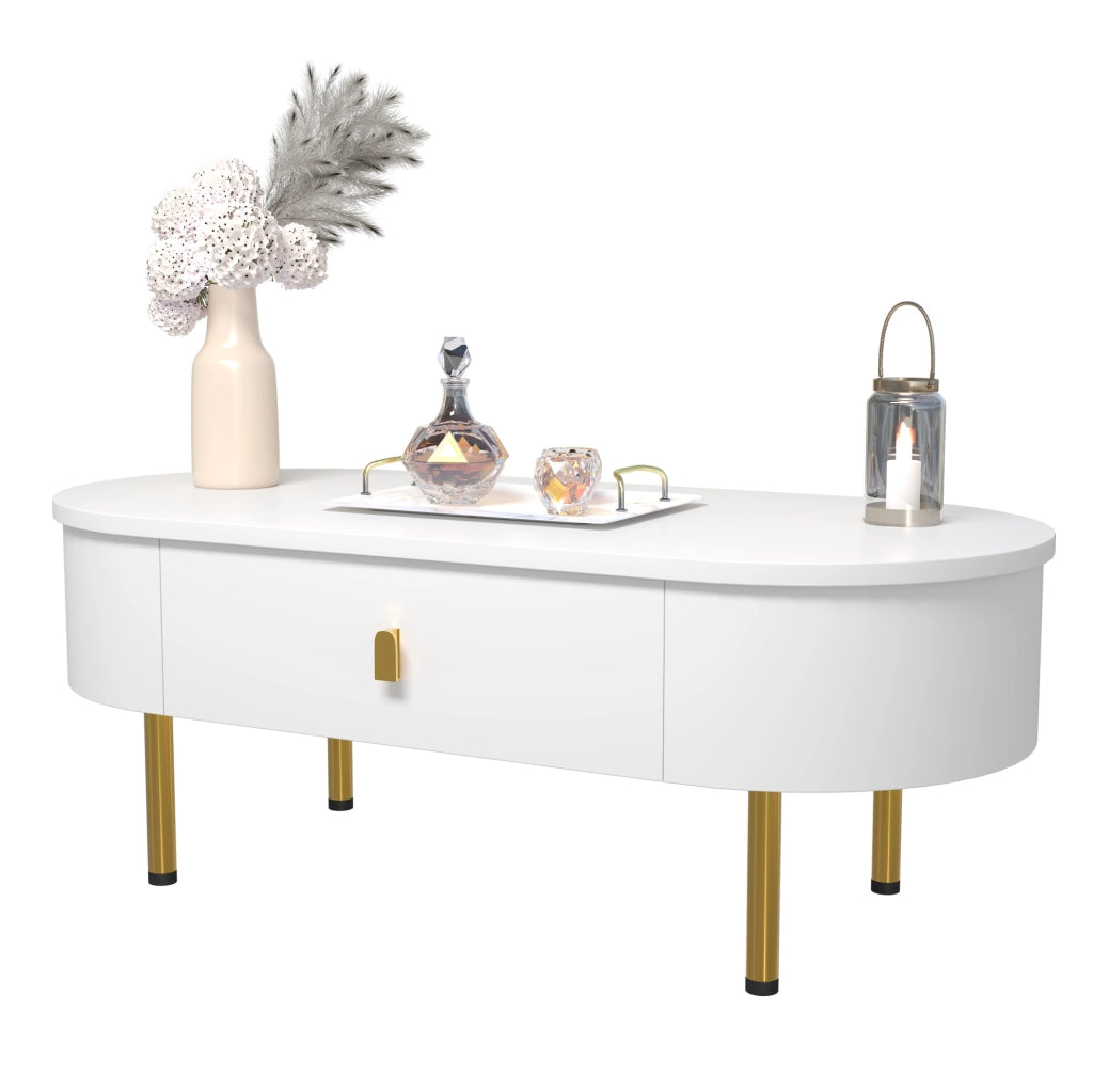 Tavolino da caffè moderno 108 cm con 2 cassetti; dettagli oro; bianco; MDF