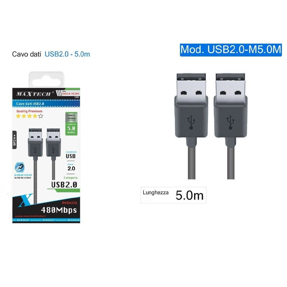 Trade Shop - Cavo Dati Usb 2.0 Maschio - Maschio Prolunga 5 Mt 480mbps Computer Usb2.0-m5.0m -