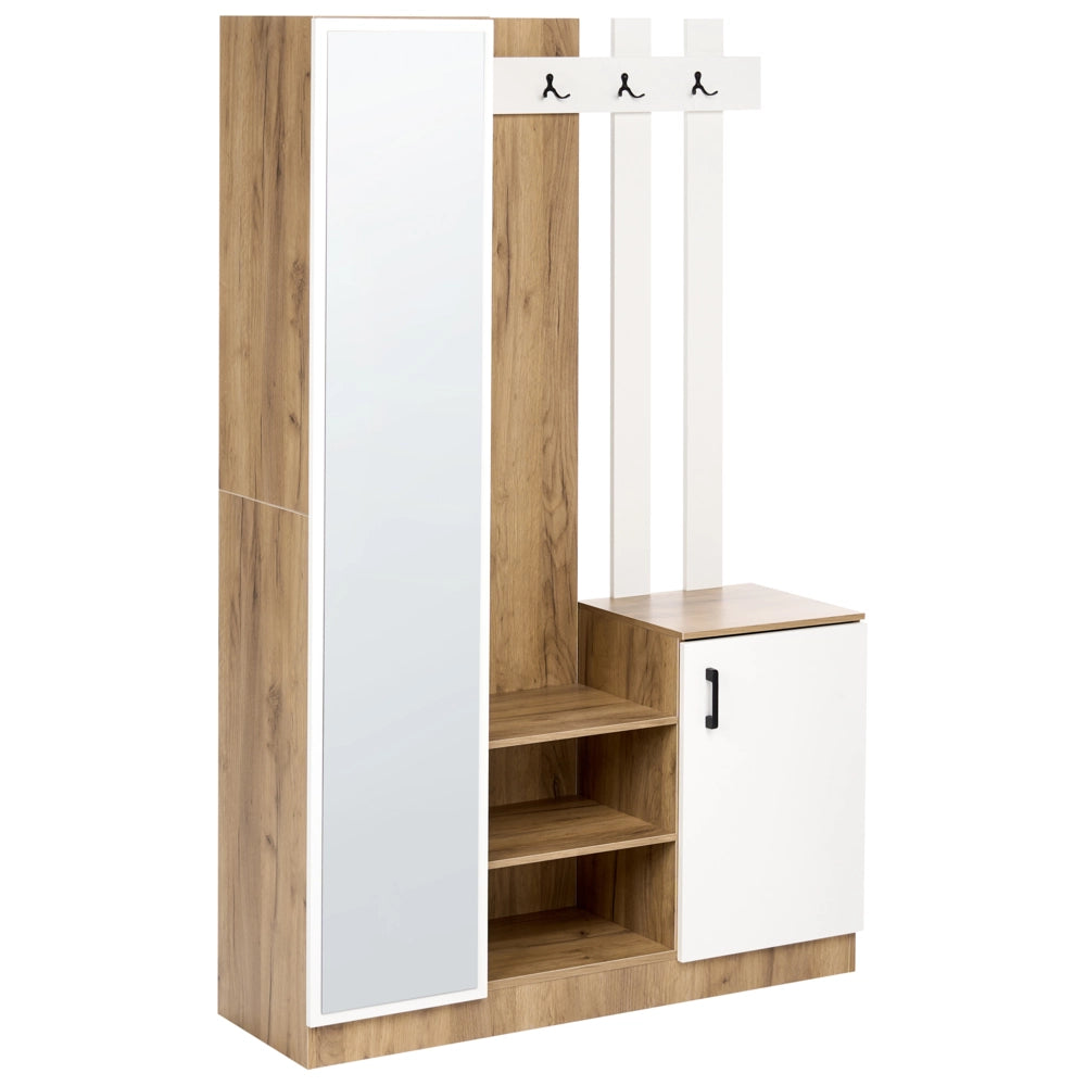 Mobile da ingresso in truciolato marrone chiaro 111 x 37 x 170 cm con appendiabiti scarpiera, armadio e ante a specchio moderno