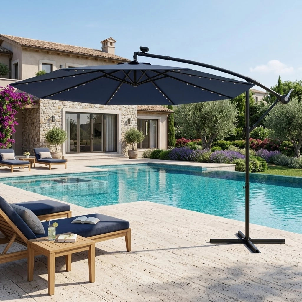Ombrellone Decentrato Con Braccio Laterale Apertura A Manovella Telo Impermeabile UV30+ Camino Ventilazione Da Esterno 3 x 3 x 2.5 M Blu Navy