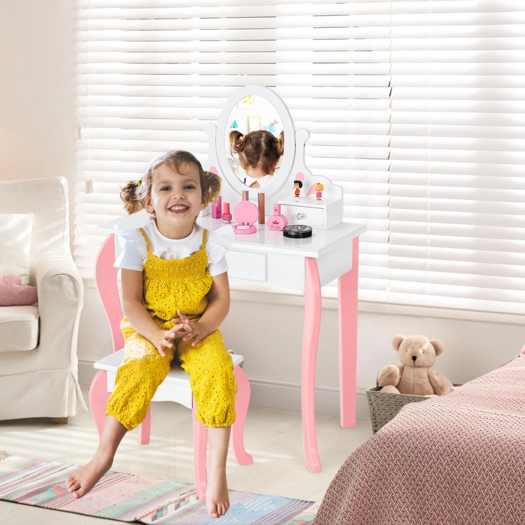 Set tavolo toeletta e sgabello per bambini con specchio girevole a 360¡ã e 3 cassetti, Tavolo da trucco Bianco-Toelette per bimbi