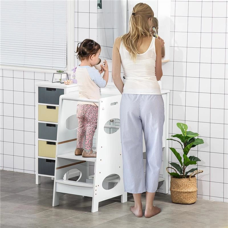 TORRE MONTESSORIANA PER BAMBINI, LEARNING TOWER CON ALTEZZA REGOLABILE IN MDF, 40X50X90CM, BIANCO