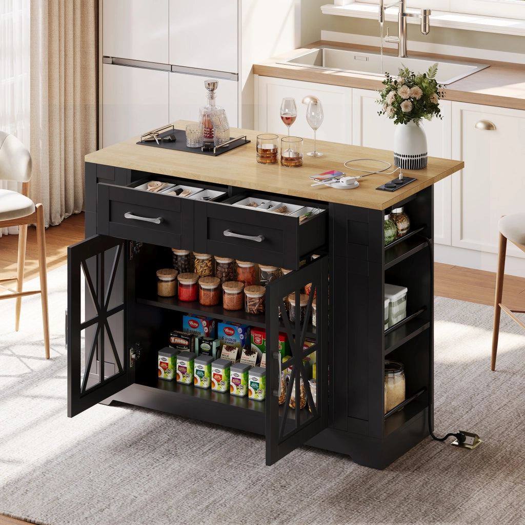 Isola cucina mobile 120x40(65)x92 cm con piano ribaltabile; prese AC e USB in MDF nero e naturale