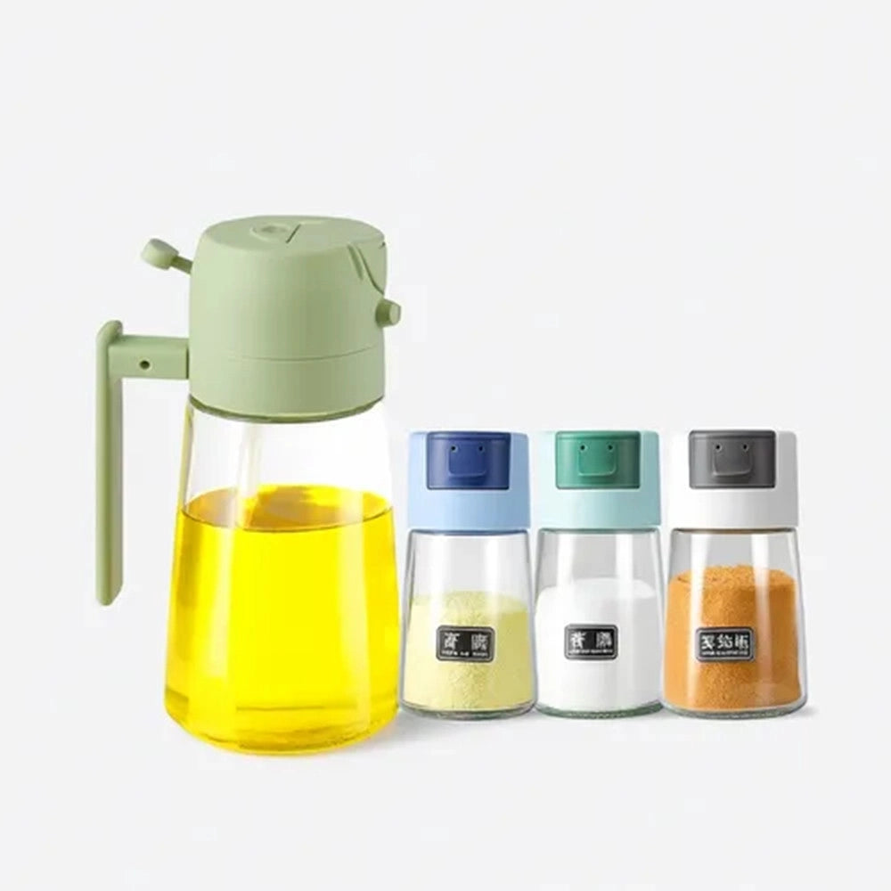 Trade Shop - Set Dispenser Dosatore 2 In 1 Oliera Spruzzatore Olio Con 3 Contenitori Condimenti Cucina -