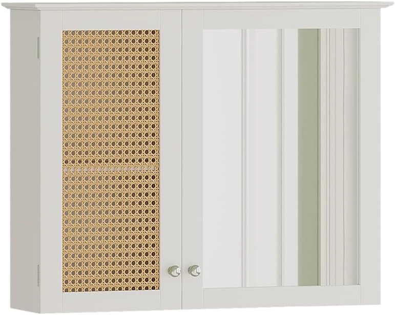 Specchio contenitore bagno Rosario, Bianco, 68 x 49 cm con 2 porte, per la conservazione di articoli da bagno e asciugamani