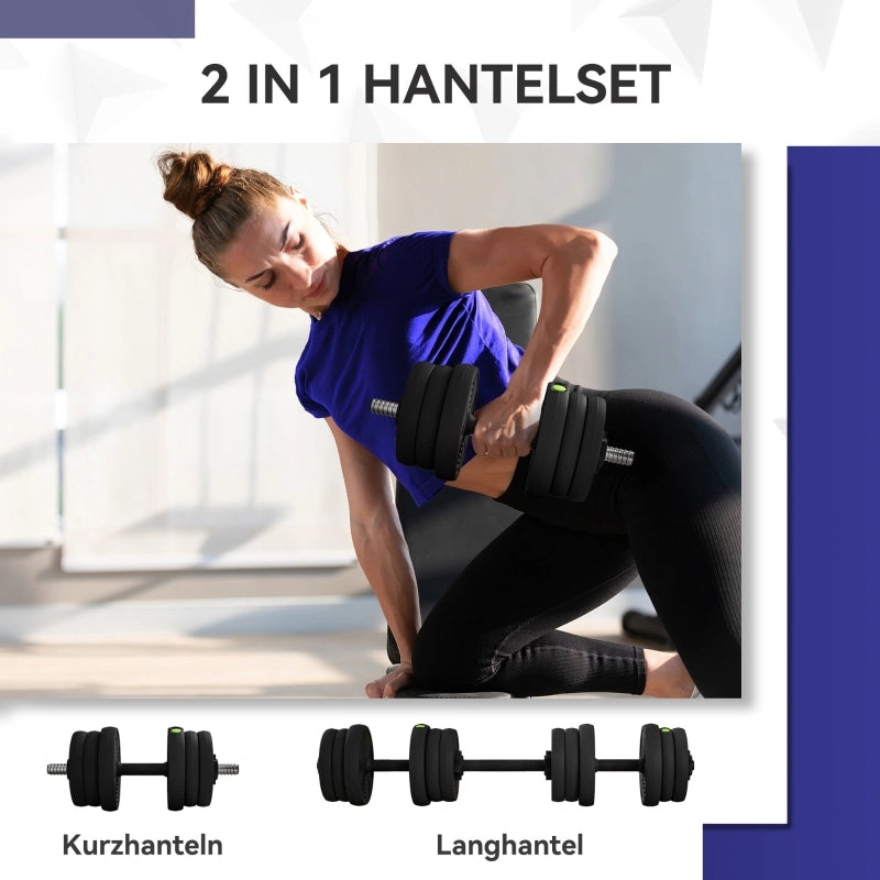 Set di manubri 2 in 1, bilanciere e manubrio, 20 kg, antiscivolo, adatto a pavimenti, nero/verde