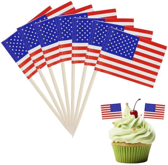 Stuzzicadenti per dolci 120 pezzi - Bandierine americane - Decorazione per feste - Topper per cupcake - Cibo e frutta - Facili da utilizzare - Spilloni per bandiere