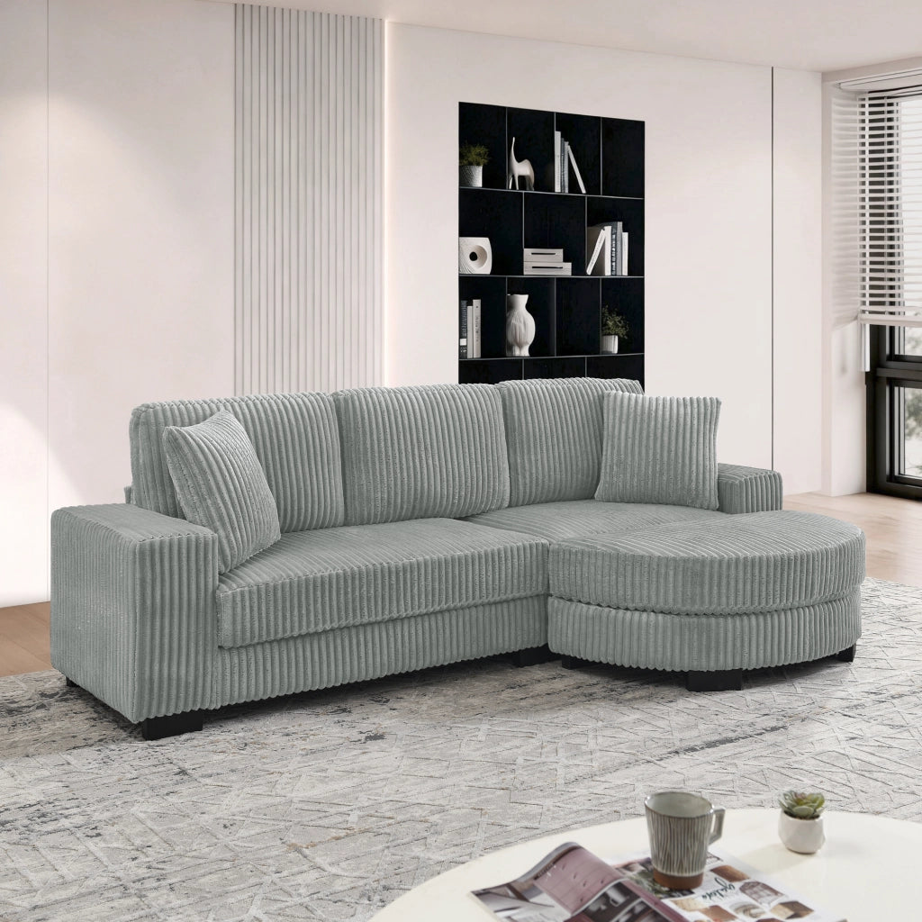 Divano angolare 4 posti - con pouf ovale reversibile e 2 cuscini - in corduroy - grigio