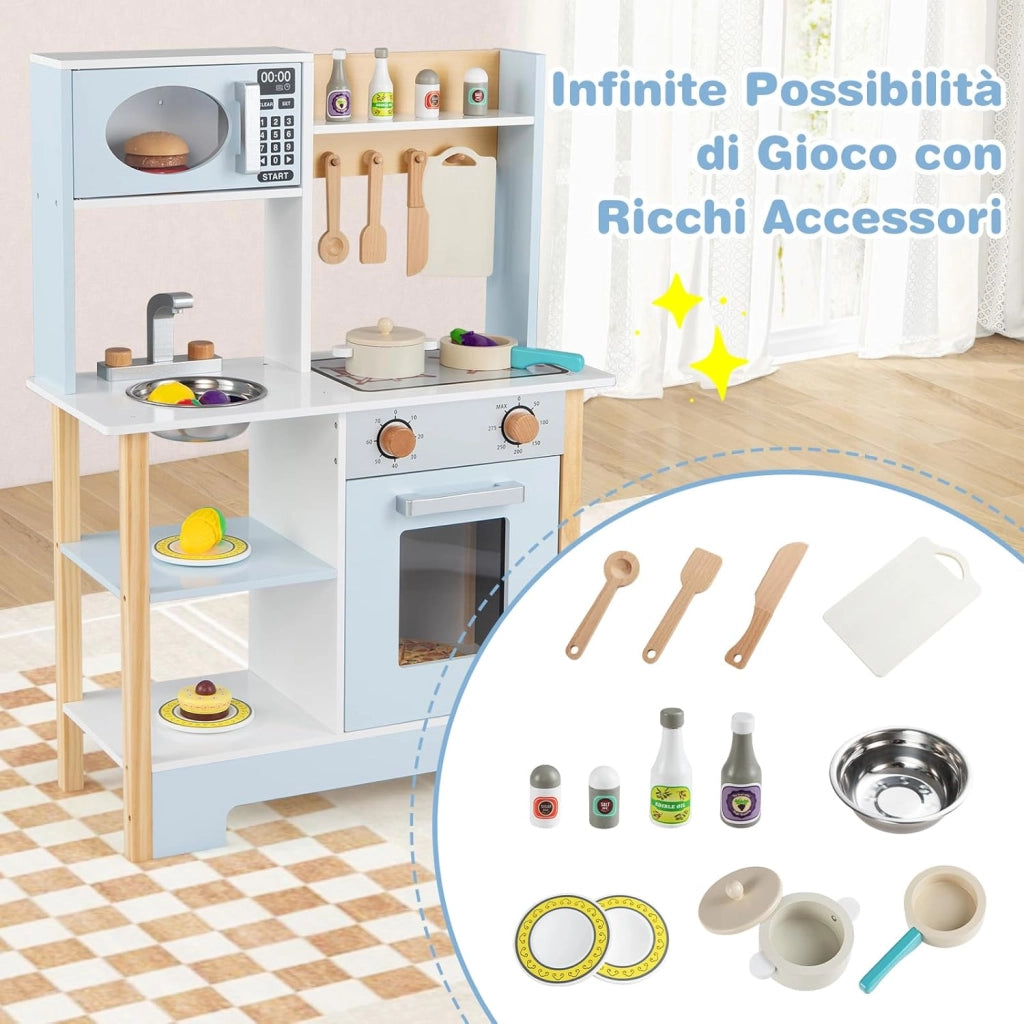 Cucina Giocattolo in Legno per Bambini, Set Cucina Gioco con Lavagna e Accessori Completi, Gioco di Finzione per Bambini 3+ Anni, 61,5 x 26 x 85 cm