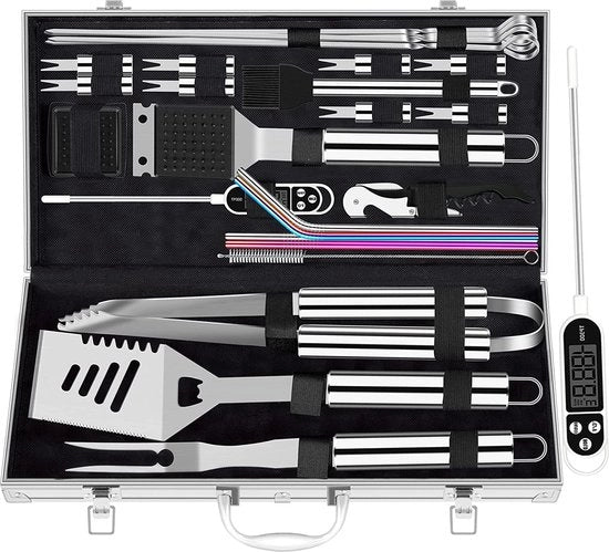 Set di accessori per barbecue in acciaio inossidabile extra spesso, 26 pezzi, per uomini, accessori per barbecue pesanti per il giardino, set di accessori per barbecue regalo con termometro per carni in scatola di alluminio per compleanno argento