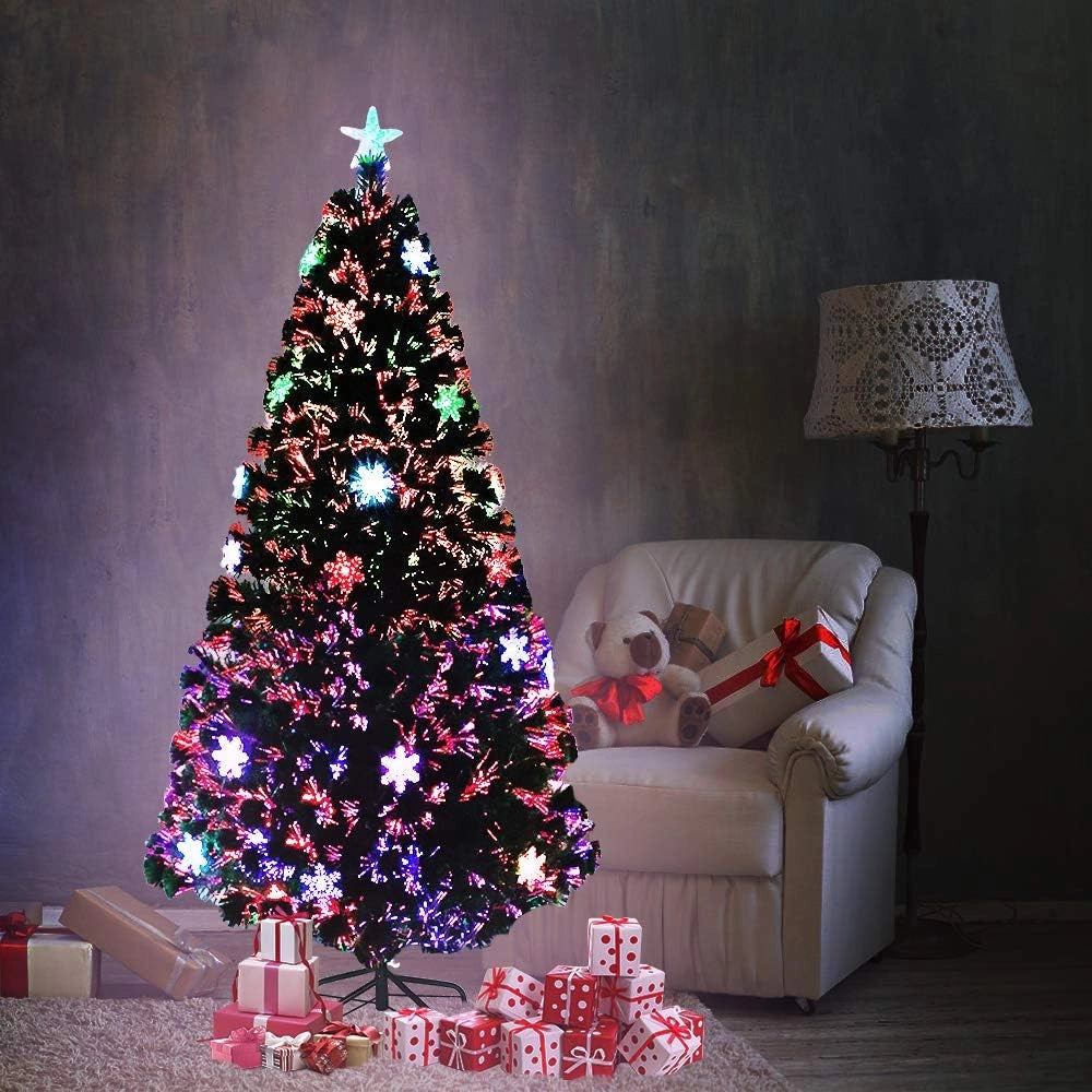 Albero di Natale artificiale 210 cm, albero di Natale artificiale con fiocco di neve e punta a stella, albero di Natale in fibra di vetro colorato, cambio colore automatico