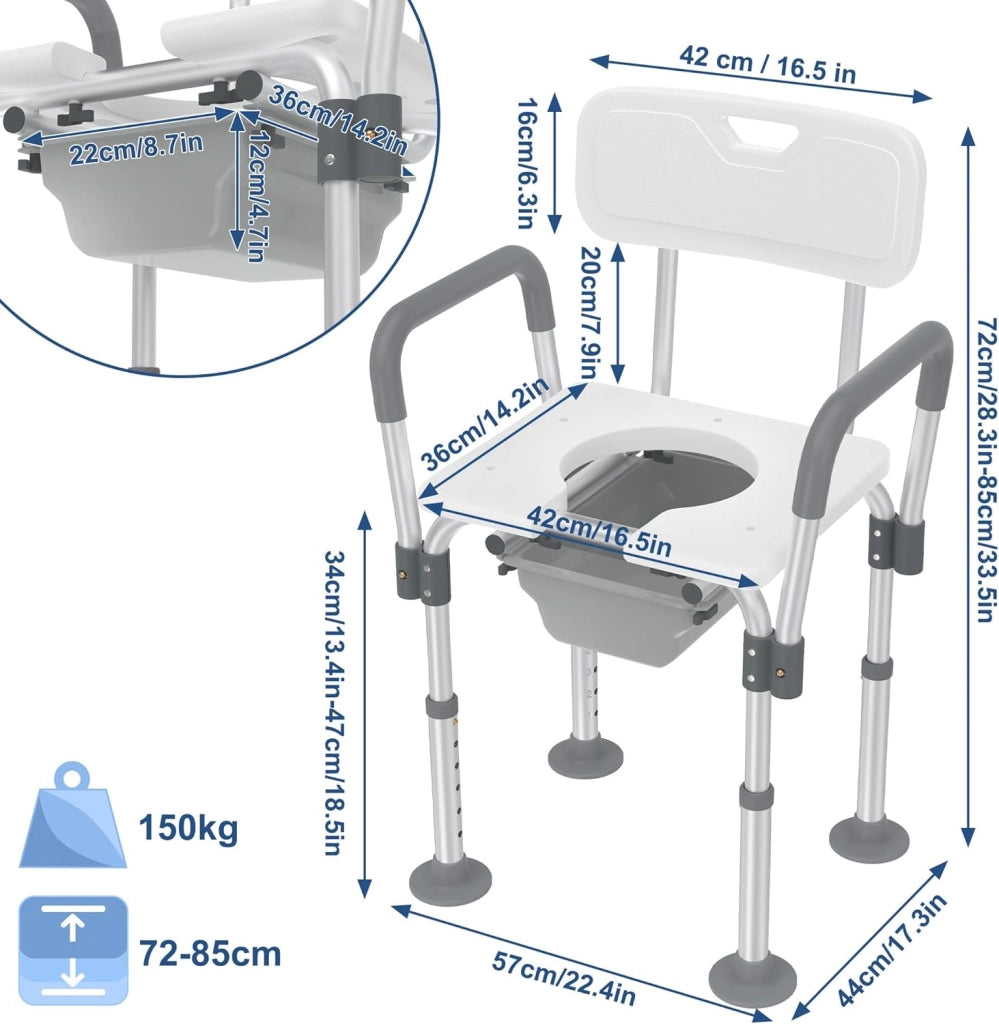 Sedia WC da doccia regolabile in altezza 2 in 1, sgabello da bagno con secchio, braccioli e schienale, per adulti e anziani