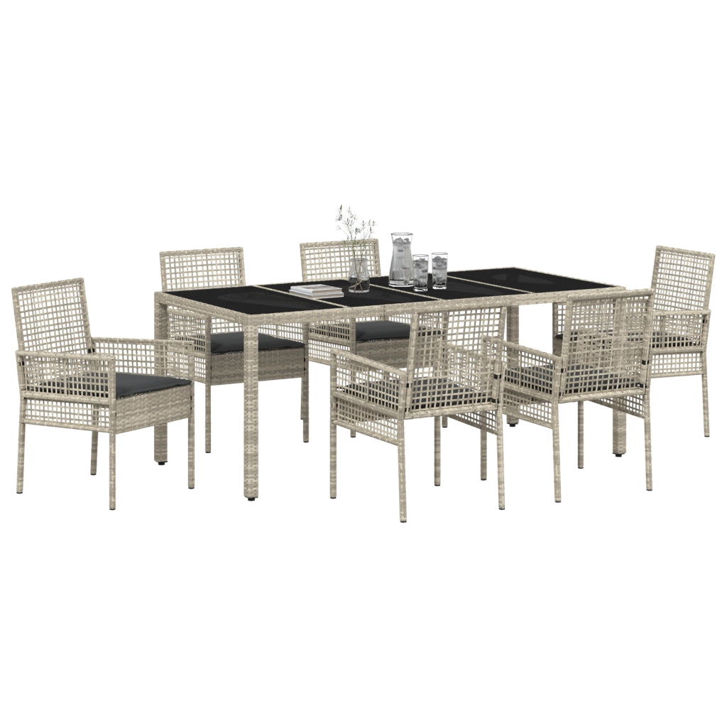 Set da Pranzo da Giardino 7 Pezzi con Cuscini Grigio Chiaro in Polyrattan