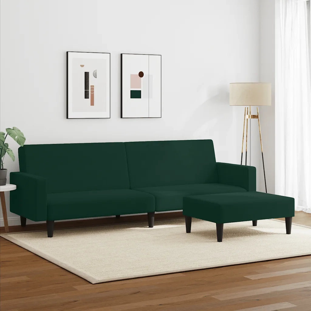 Divano Letto a 2 Posti con Poggiapiedi Verde Scuro in Velluto