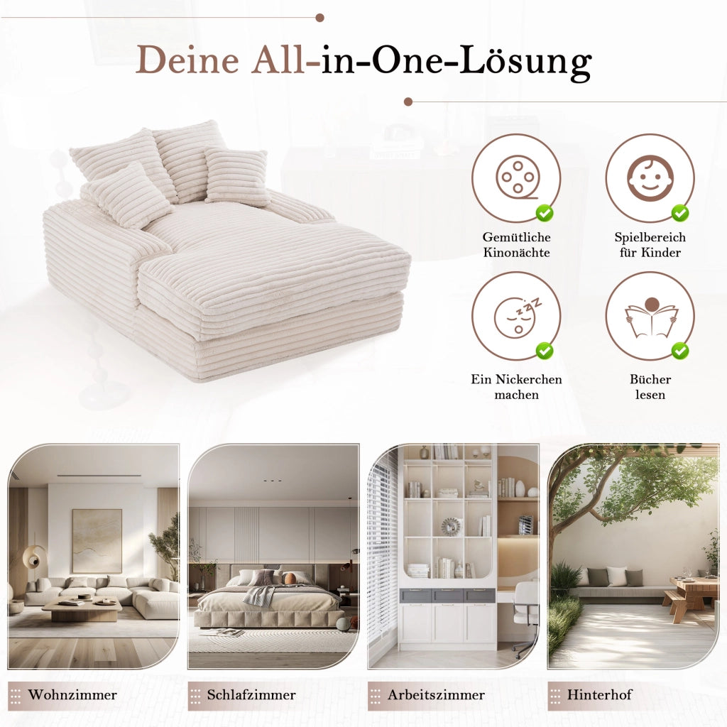 Méridienne in tessuto effetto velluto con 4 cuscini e schiuma ad alta densità beige 175 × 137 × 63 cm