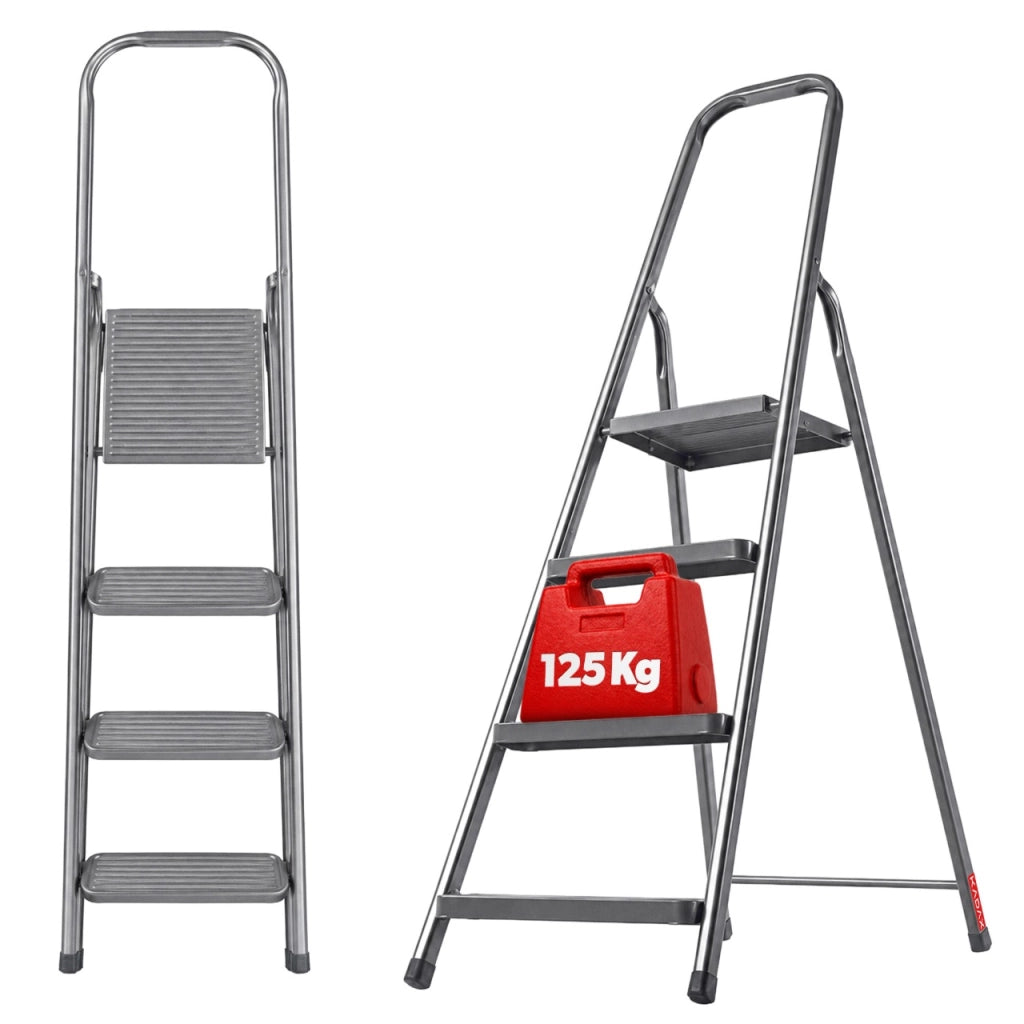 Scala in acciaio KADAX a 4 gradini, pieghevole, robusta, portata massima 125 kg.