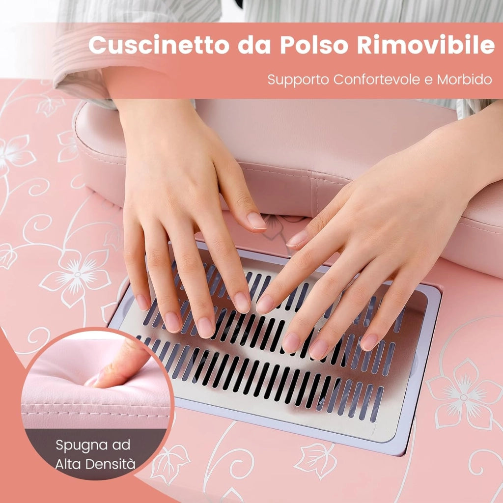 Tavolo per Manicure Pieghevole con Aspiratore, Tavolo per Unghie Portatile con Luce LED Regolabile, Cuscino Poggia Polso Rimovibile, Borsa da Trasporto e 4 Ruote Bloccabili (Rosa)
