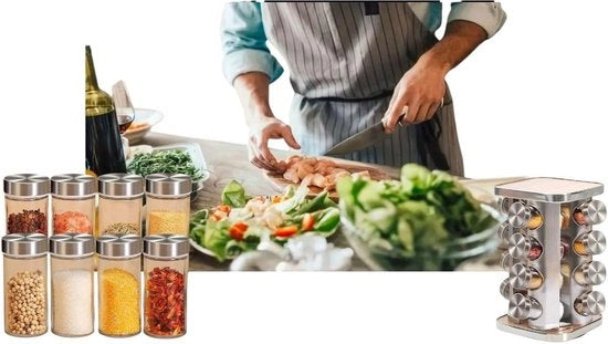 Organizzatore di erbe giroscopico con 16 etichette per vasi di erbe, beccuccio e pennarelli - progetto di risparmio di spazio 360° per cucine moderne.