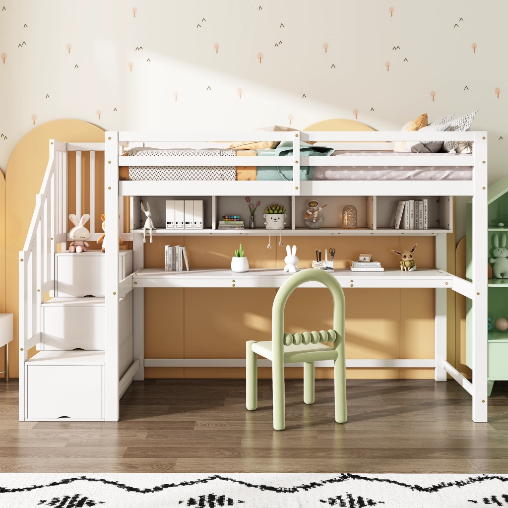 Letto a soppalco per bambini 90x200 cm con scrivania; scala contenitore e ripiani bianco