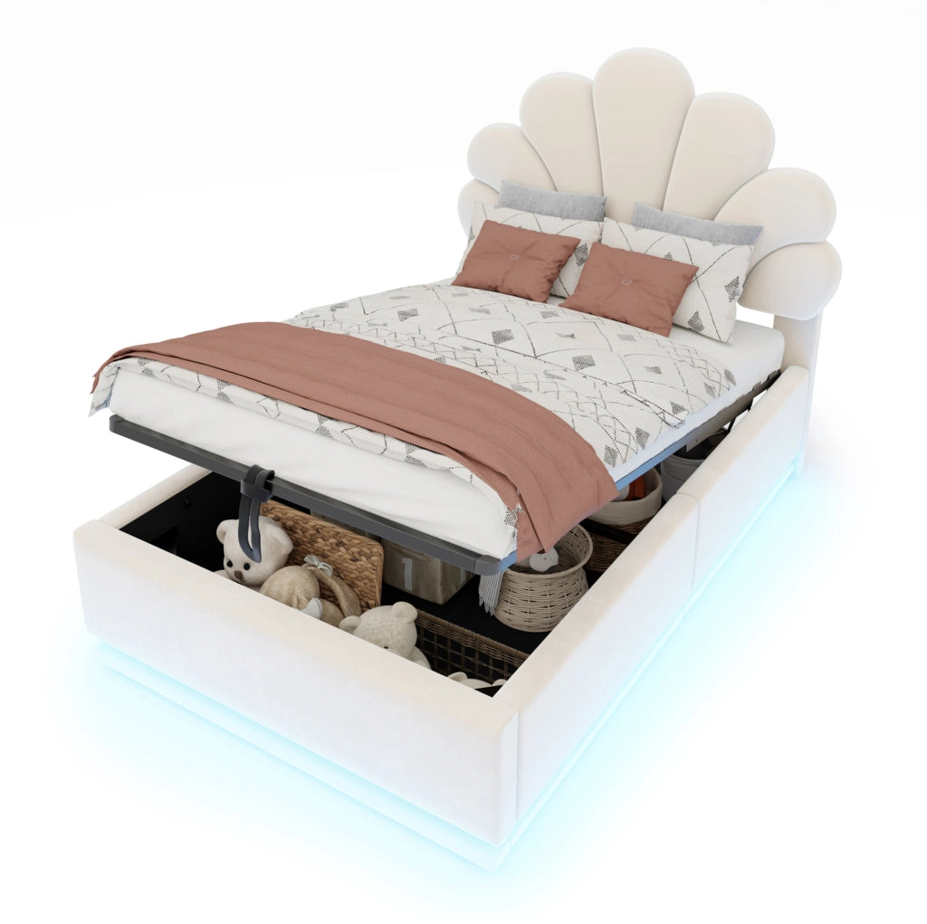 Letto imbottito 90x200 beige con vano contenitore e LED