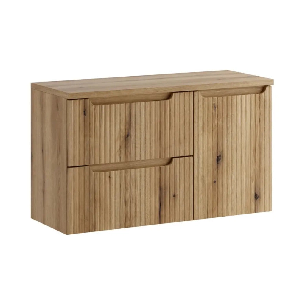 Set da bagno VANO in rovere chiaro 100cm: mobile sotto lavabo con cassetti e cesto per la biancheria integrato + piano per lavabo.