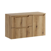 Set da bagno VANO in rovere chiaro 100cm: mobile sotto lavabo con cassetti e cesto per la biancheria integrato + piano per lavabo.