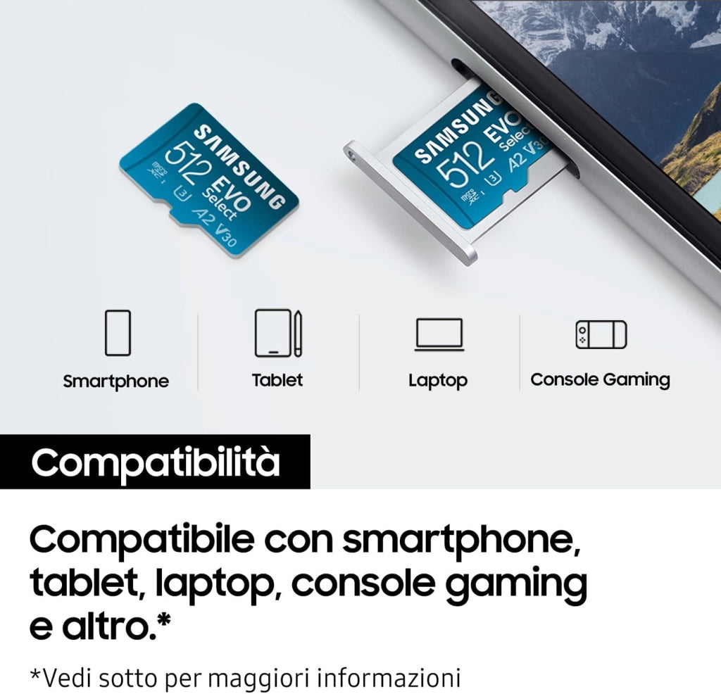 Samsung Memorie EVO Select Scheda MicroSD da 512GB, UHS-I U3, fino a 160 MB/s, compatibile con Smartphone, Tablet, Console Gaming, GoPro