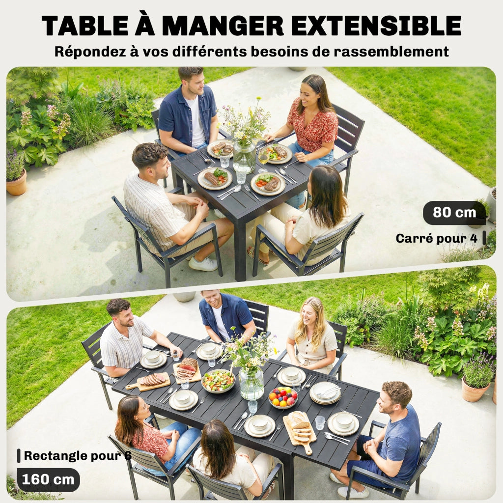 Tavolo da pranzo allungabile per esterno ¨C zephmum ¨C nero, alluminio, 160/80x80x75 cm